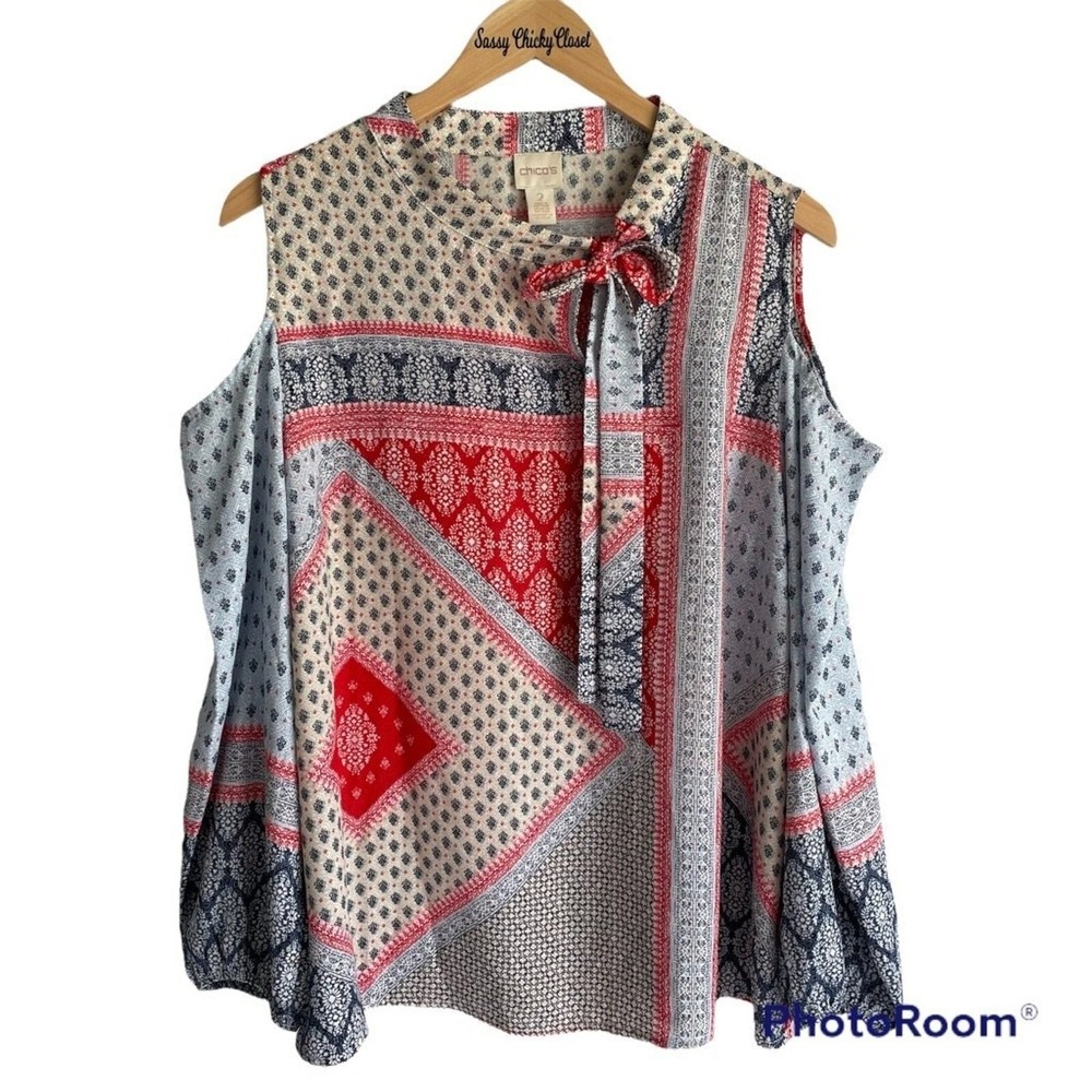 CHICO'S Red Blue  Bohemian  Cold ShoulderTie Neck Ladies Career Blouse, 2, L